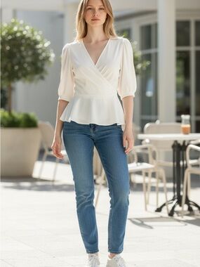 Banana Republic  White Surplice Peplum Blouse Size Small